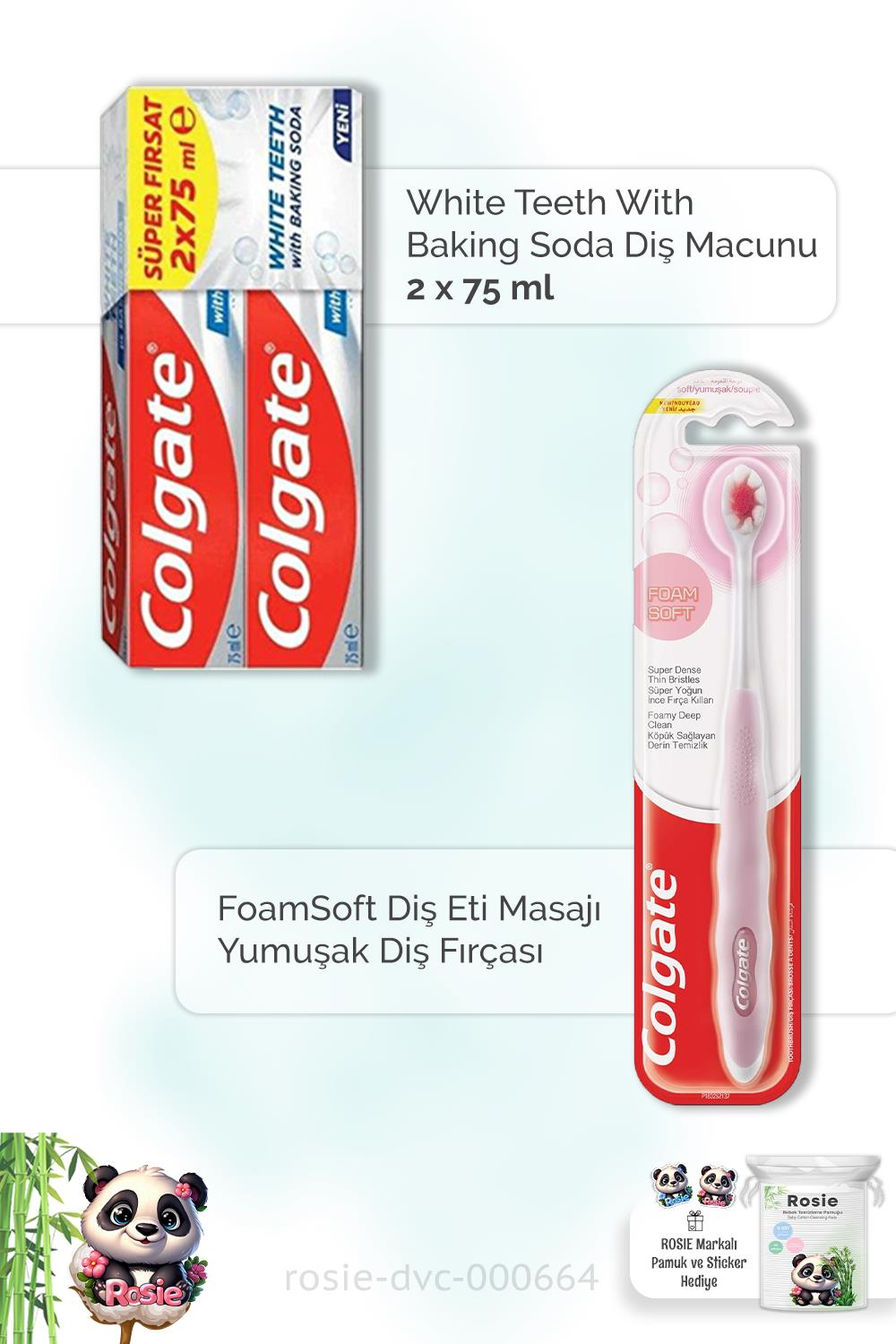 Colgate With Baking Soda 2 x 75 ml Diş Macunu,  FoamSoft Diş Eti Masajı  Diş Fırçası ve ROSIE