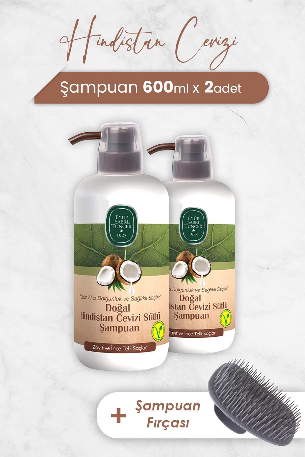 Eyüp Sabri Tuncer Hindistan Cevizi Şampuan 600 ml x 2 Adet ve Şampuan Fırçası
