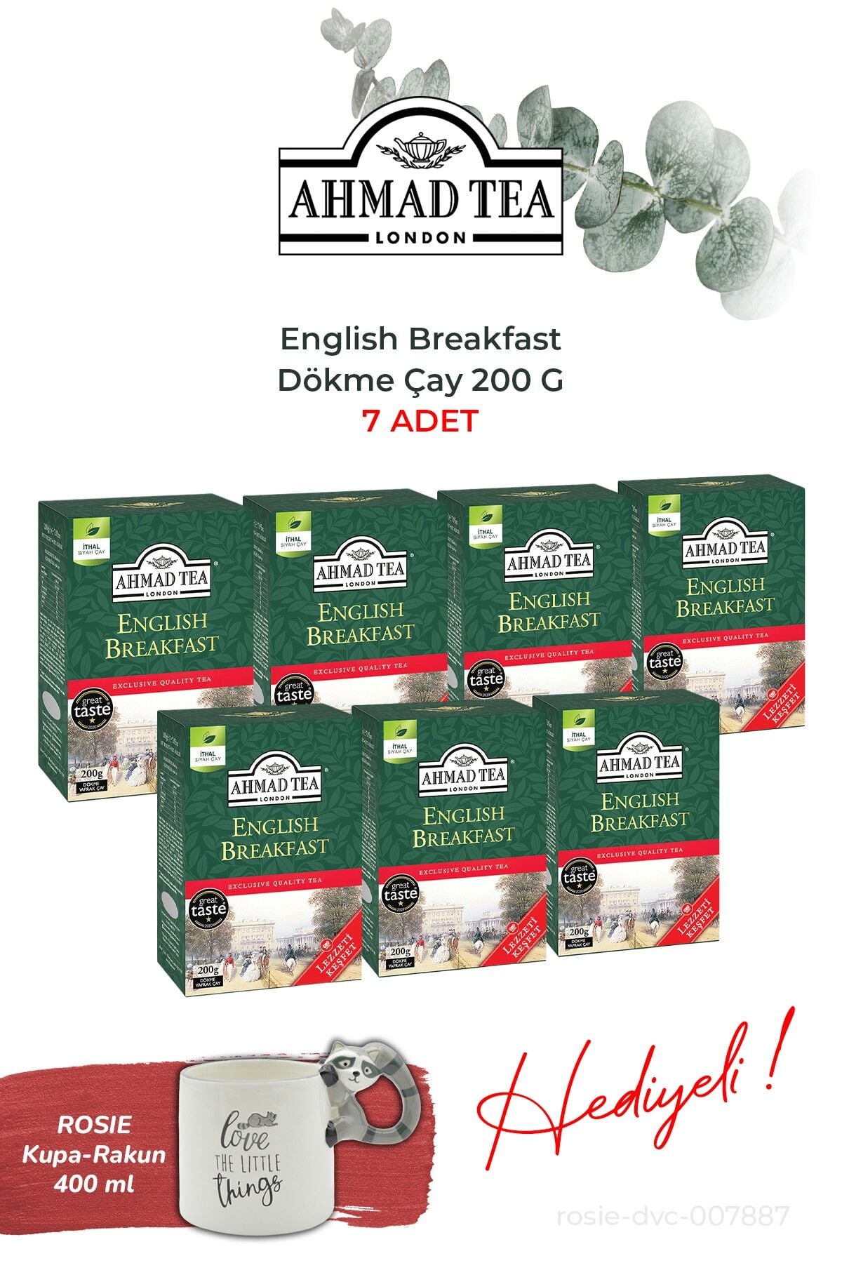 Dökme Çay 7 paket English Breakfast 200 G ve Rakun Kupa