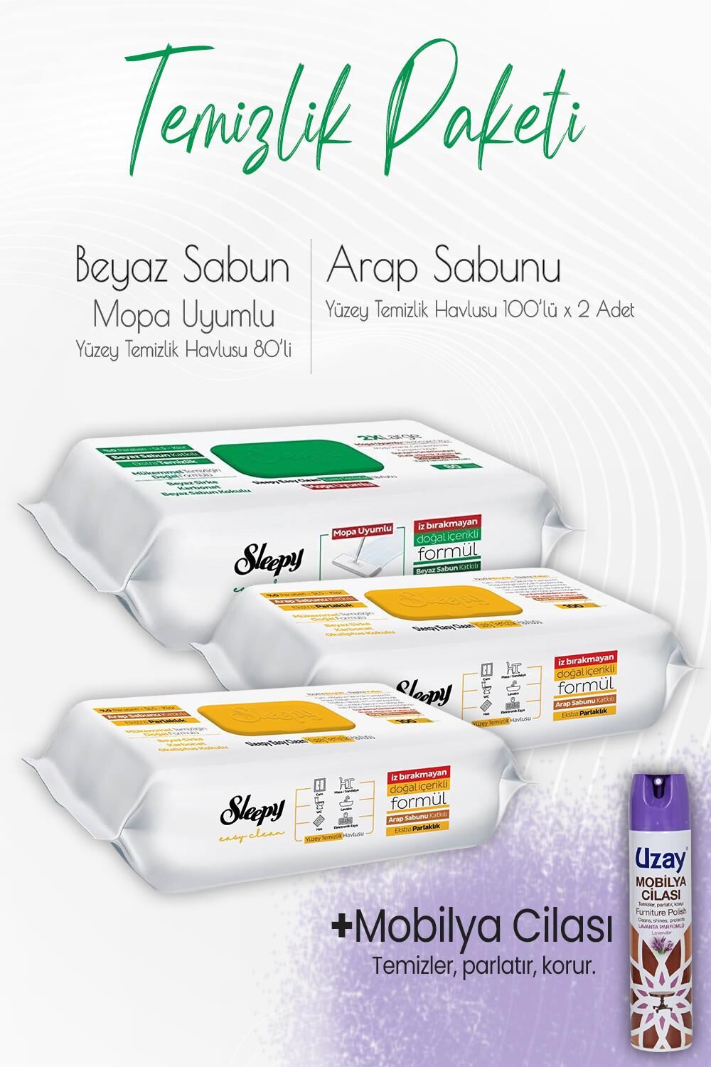 Düvenci Temizlik Paketi 15 (2 adet 100'lü, 1 Adet 80' li Mop Uyumlu ve Mobilya Cilası)