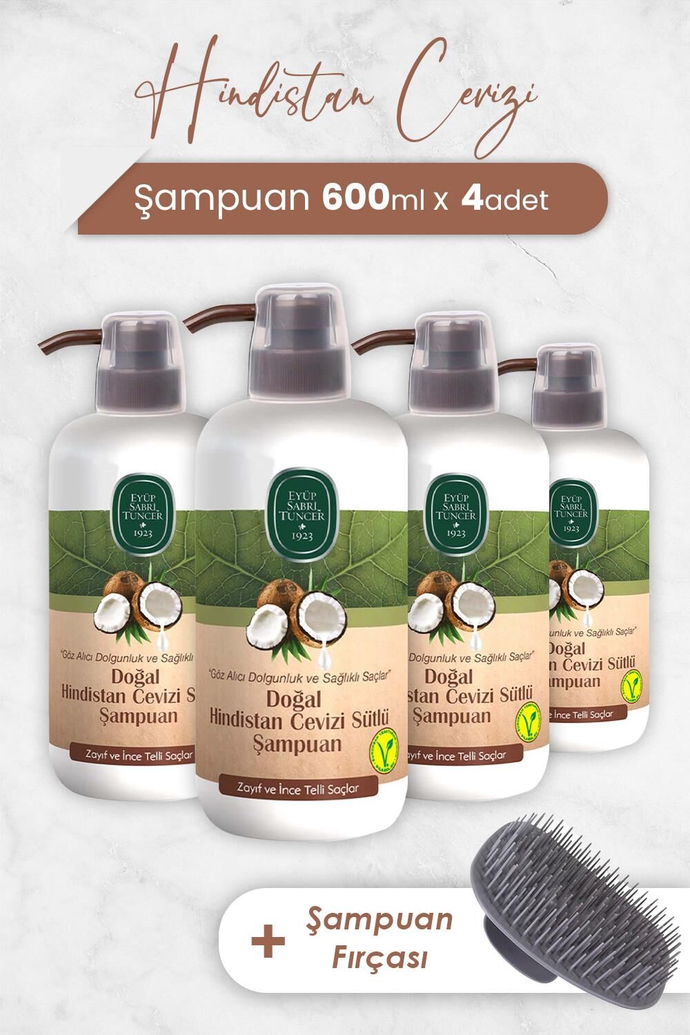 Eyüp Sabri Tuncer Hindistan Cevizi Şampuan 600 ml x 4 Adet ve Şampuan Fırçası