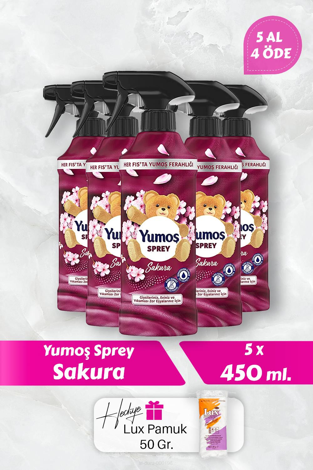 Yumoş Sakura Sprey, 5 AL 4 Öde 450 ml, Pamuk Hediyeli