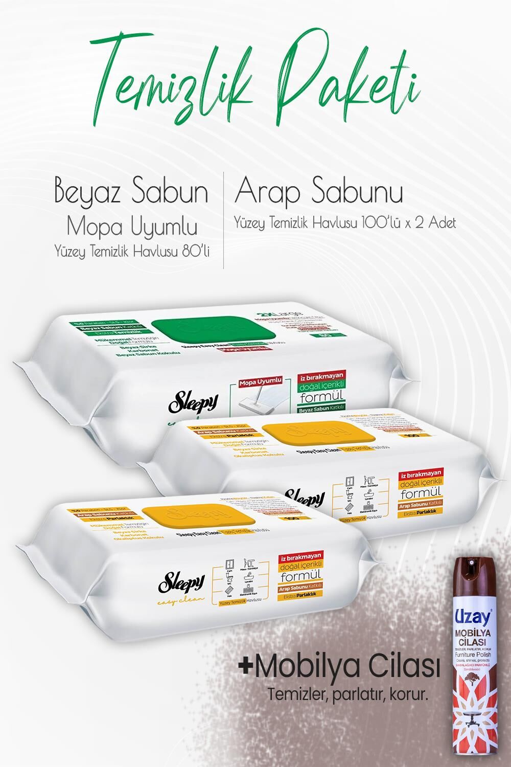 Düvenci Temizlik Paketi 16 (2 adet 100'lü, 1 Adet 80' li Mop Uyumlu ve Mobilya Cilası)