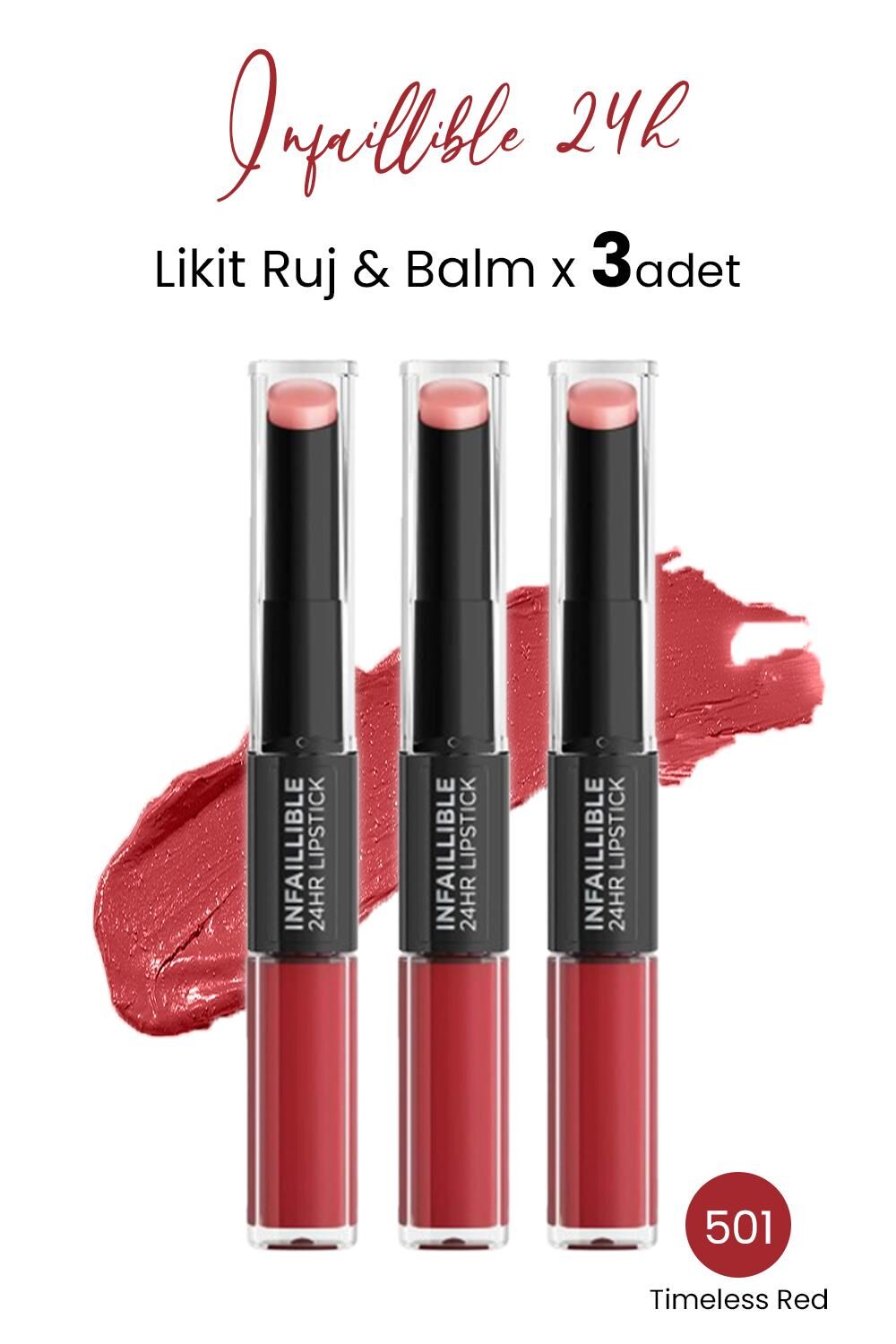 Loreal Paris Infaillible 24H Likit Ruj & Balm 501 Timeless Red  x 3 Adet
