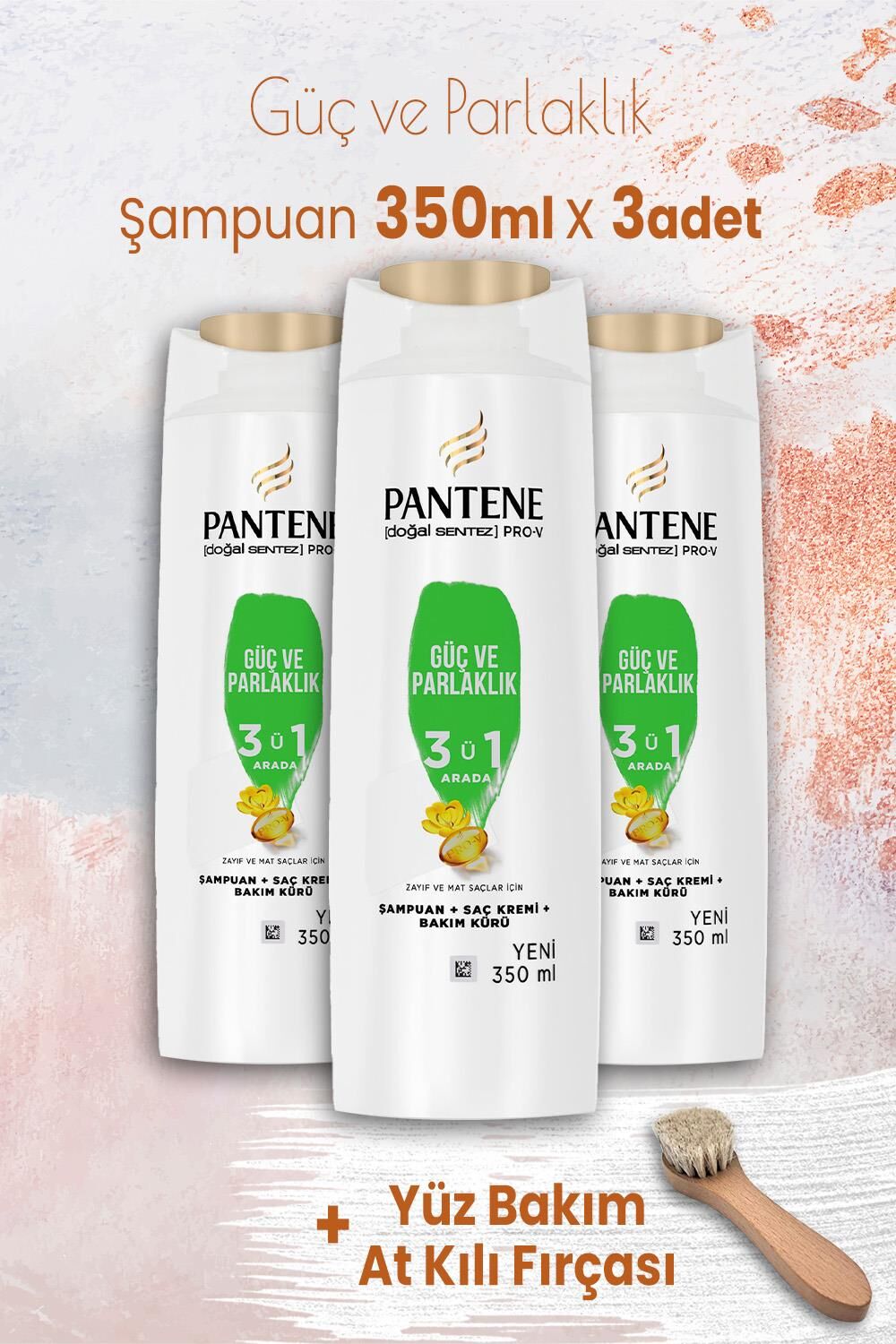 Pantene Şampuan Pro-V Güç ve Parlaklık 3'ü 1 Arada 350 ml x 3 Adet ve Yüz Bakım At Kılı Fırçası