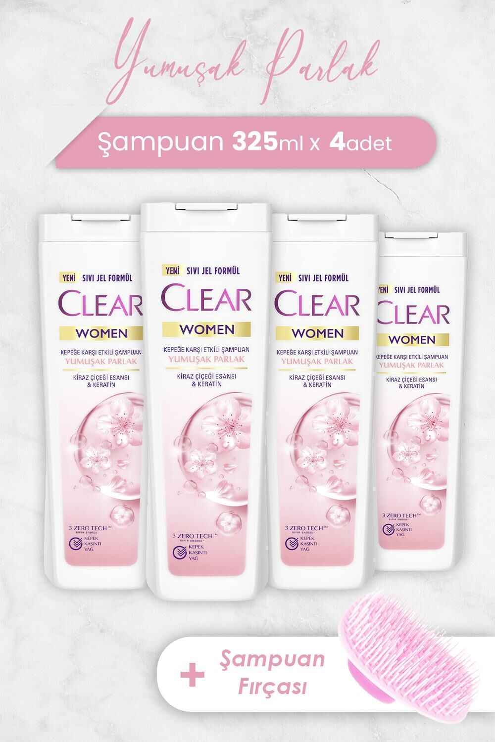 Clear Women Yumuşak Parlak Şampuan 325 ml x 4 Adet ve Şampuan Fırçası