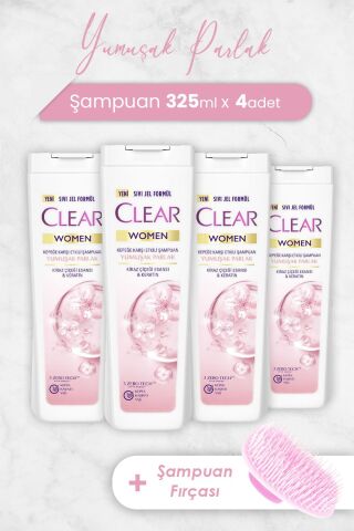 Clear Women Yumuşak Parlak Şampuan 325 ml x 4 Adet ve Şampuan Fırçası