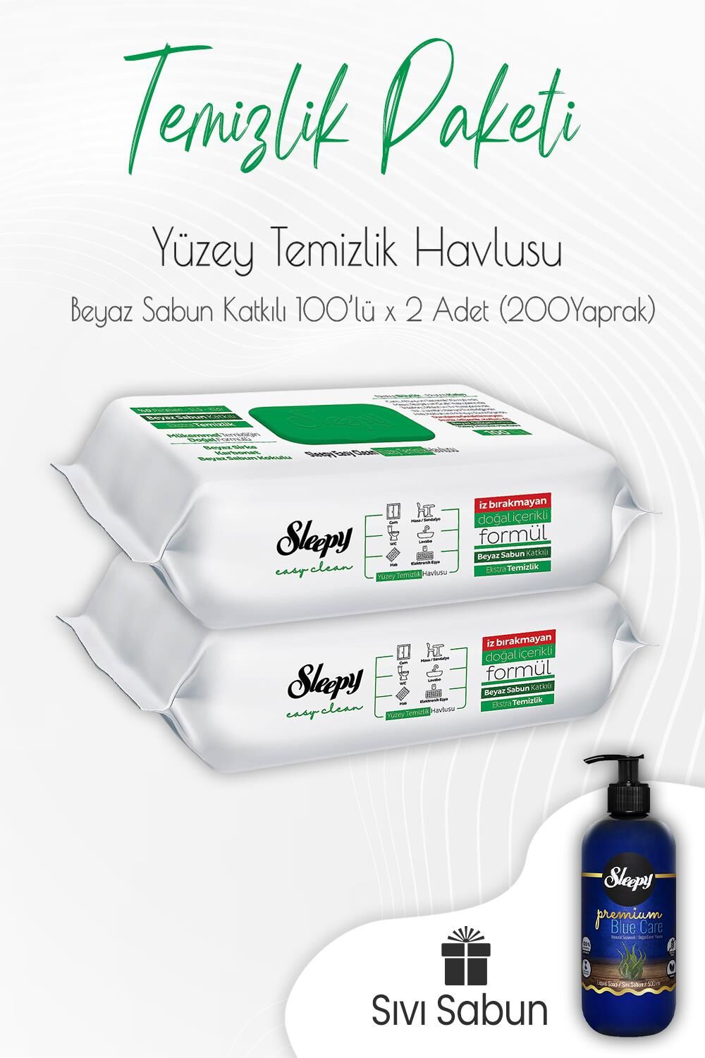 Sleepy Beyaz Sabun Yüzey Temizlik Havlusu 100' lü x 2 Adet ve Sıvı Sabun