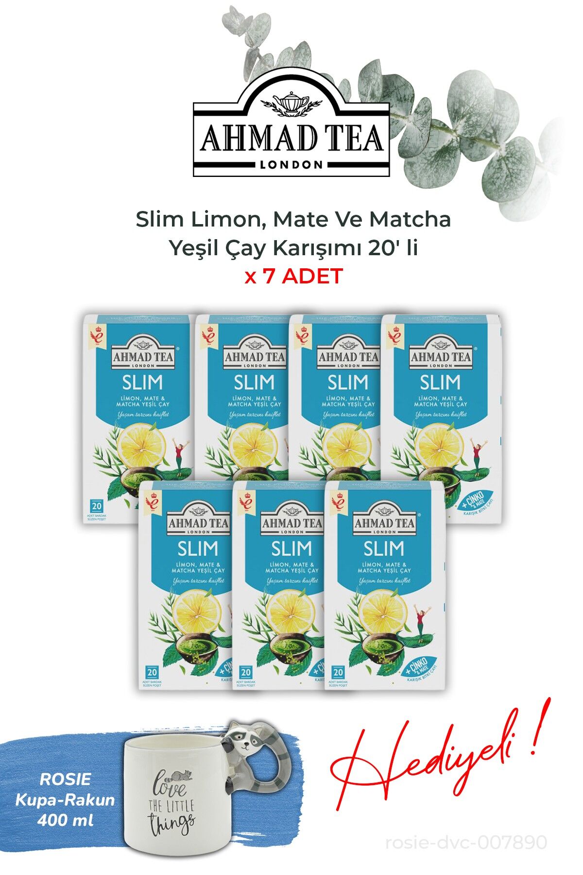 Slim Limon, Mate Ve Matcha Yeşil Çay Karışımı 20' li 7 paket ve Rakun Kupa