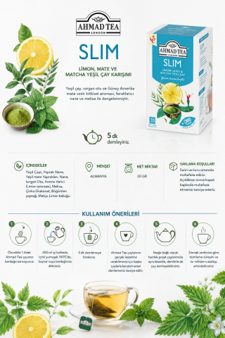 Slim Limon, Mate Ve Matcha Yeşil Çay Karışımı 20' li 7 paket ve Rakun Kupa