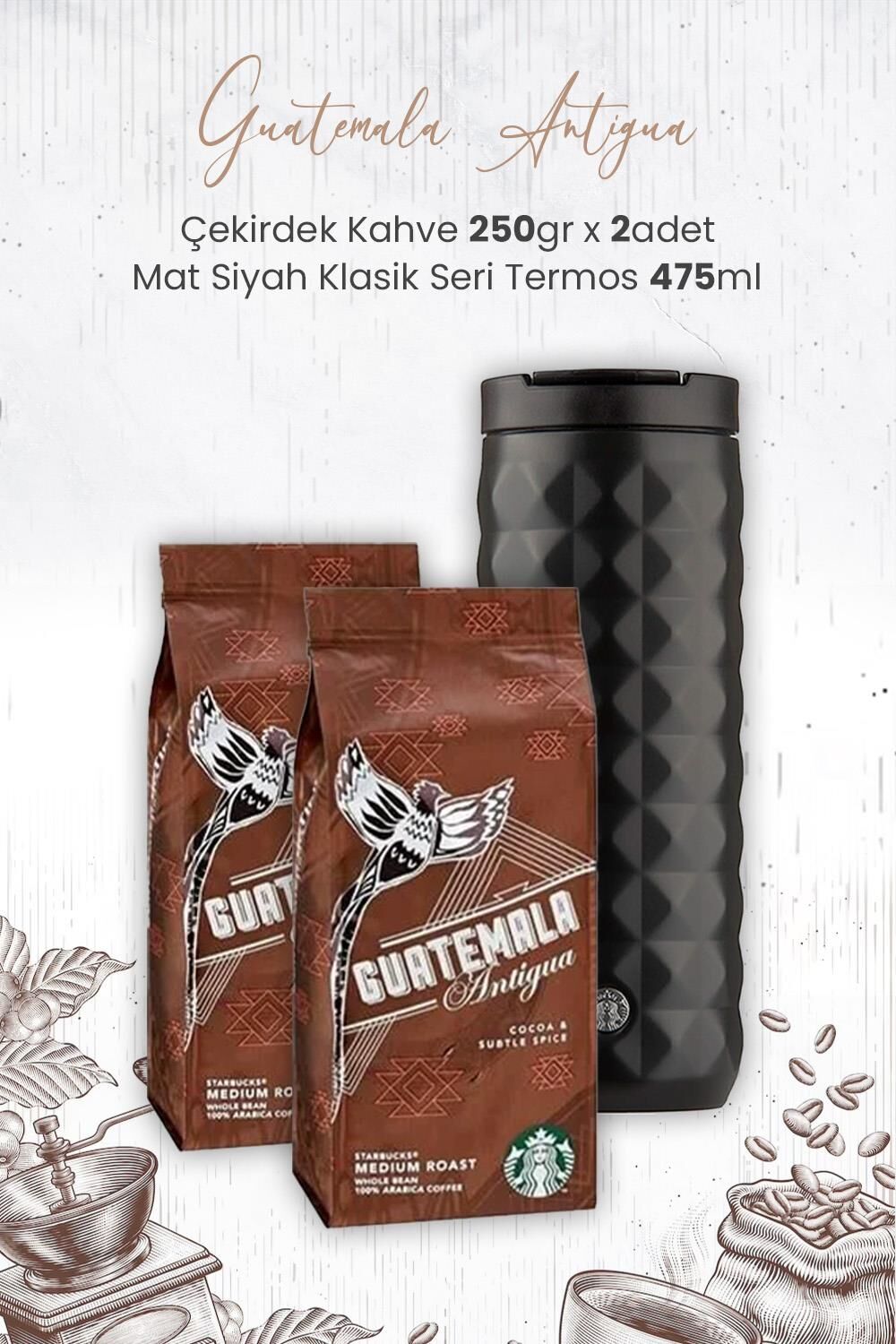 Starbucks Guatemala Antigua Çekirdek Kahve 250 gr x 2 Adet ve Mat Siyah Termos 473 ml