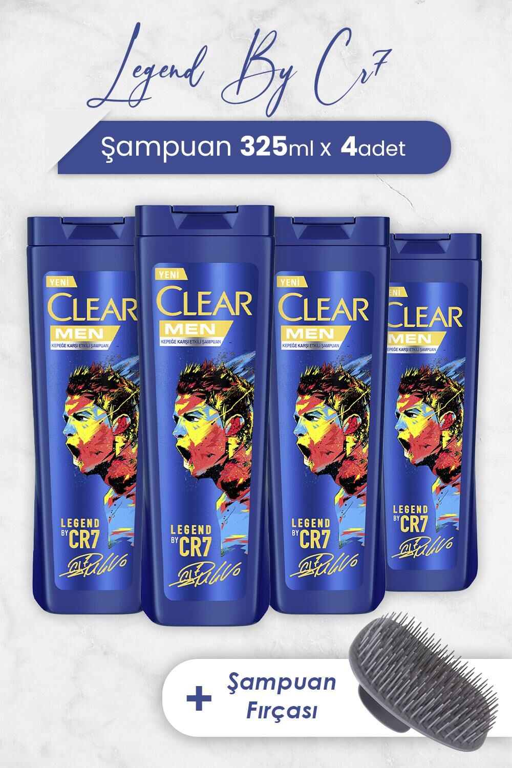 Clear Men Şampuan Legend By Cr7 Cristiano Ronaldo 325 ml x 4 Adet ve Şampuan Fırçası