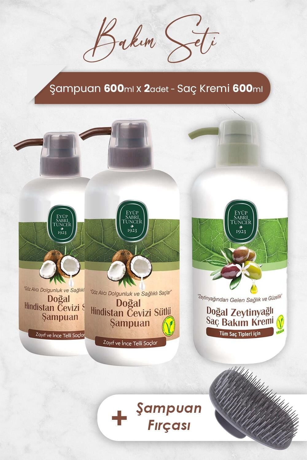 Eyüp Sabri Tuncer Hindistan Cevizi Şampuan 600 ml x 2 Adet, Saç Kremi ve Şampuan Fırçası