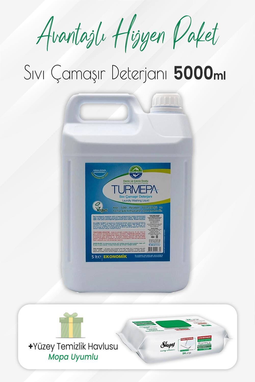 Turmepa Sıvı Çamaşır Deterjanı 5 lt ve Mopa Uyumlu Yüzey Temizlik 80'li