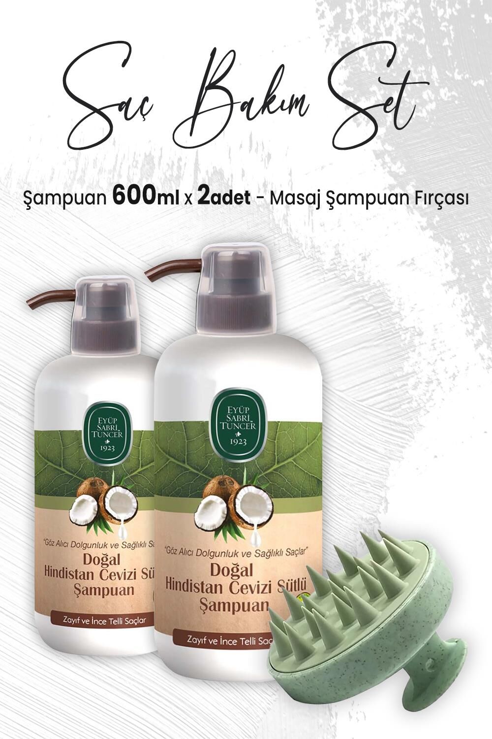 Eyüp Sabri Tuncer Hindistan Cevizi Sütlü Şampuan 600 ml x 2 Adet ve Masaj Şampuan Fırçası Yeşil