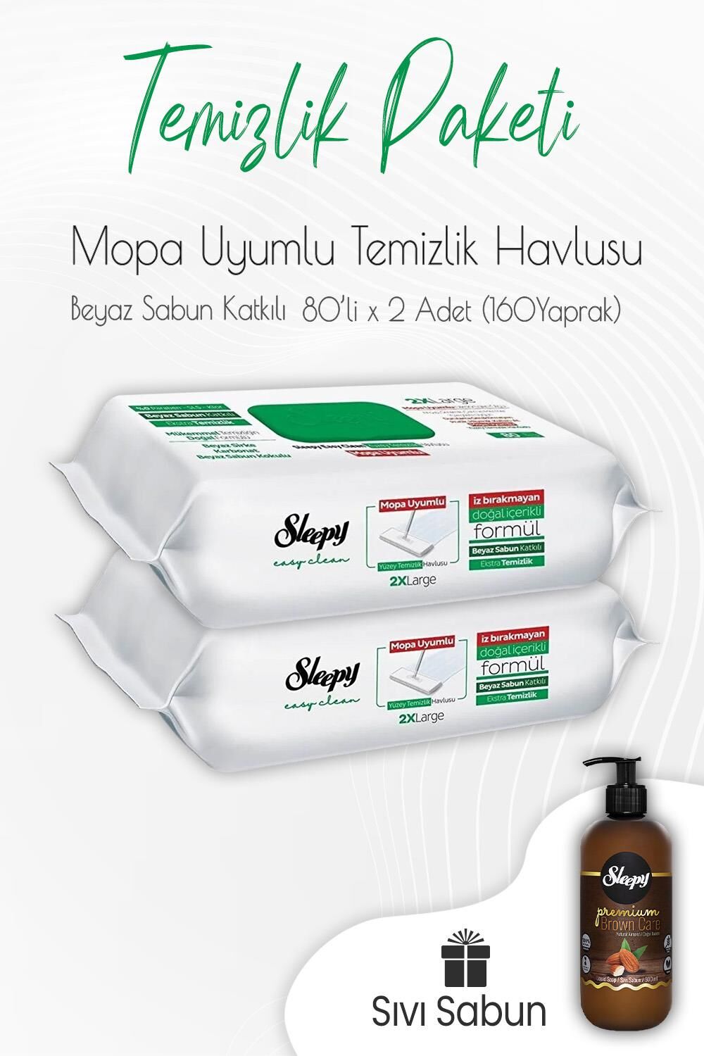 Sleepy Beyaz Sabun Mop Uyumlu Temizlik Havlusu 80' li x 2 Adet ve Sıvı Sabun