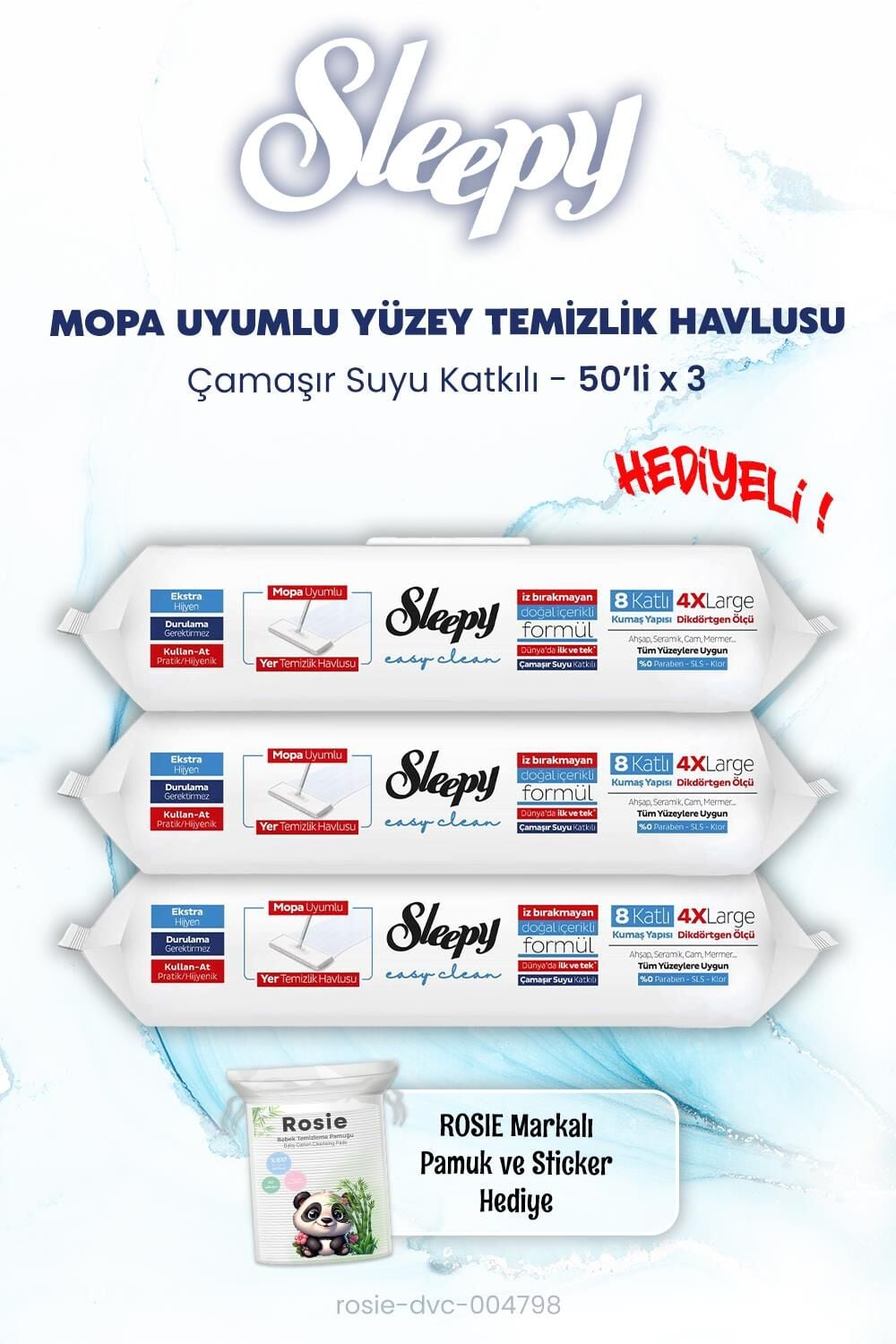 Sleepy Çamaşır Suyu Katkılı Mopa Uyumlu  Islak Mendil 50'li x 3 ve ROSIE