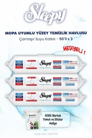 Sleepy Çamaşır Suyu Katkılı Mopa Uyumlu  Islak Mendil 50'li x 3 ve ROSIE