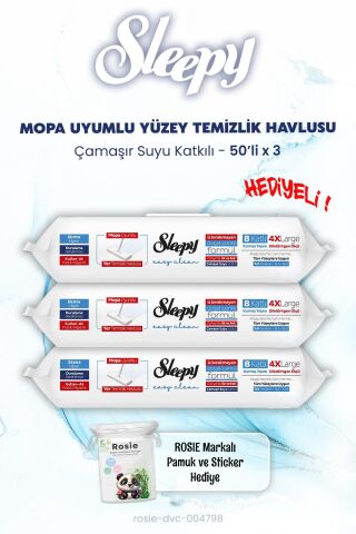 Sleepy Çamaşır Suyu Katkılı Mopa Uyumlu  Islak Mendil 50'li x 3 ve ROSIE