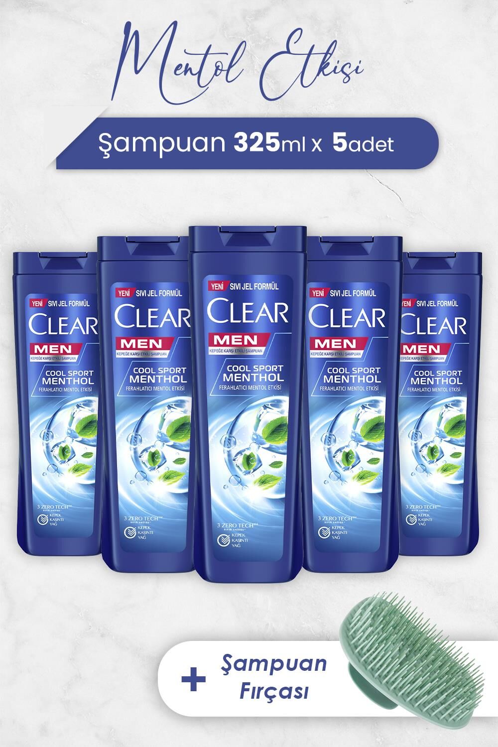 Clear Men Ferahlatıcı Mentol Etkisi 325 ml x 5 Adet ve Şampuan Fırçası