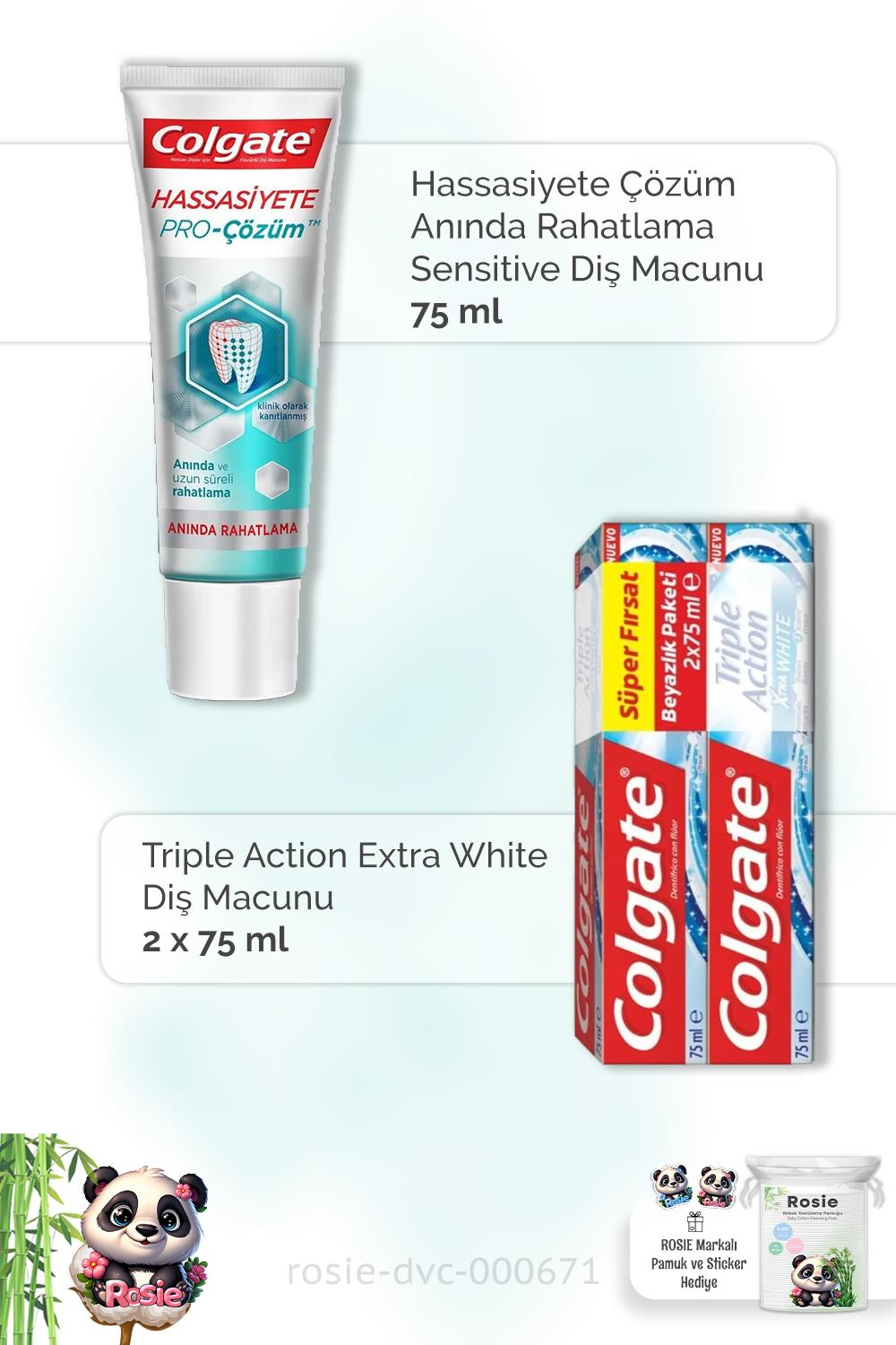 Colgate Hassasiyete Çözüm 75 ml, Action Extra White Diş Macunu 2 x 75 ml Diş Macunu ve ROSIE