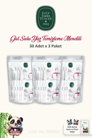 Eyüp Sabri Tuncer 3 Paket 30'lu Gül Suyu Yüz Mendili ve %100 Pamuk ROSIE