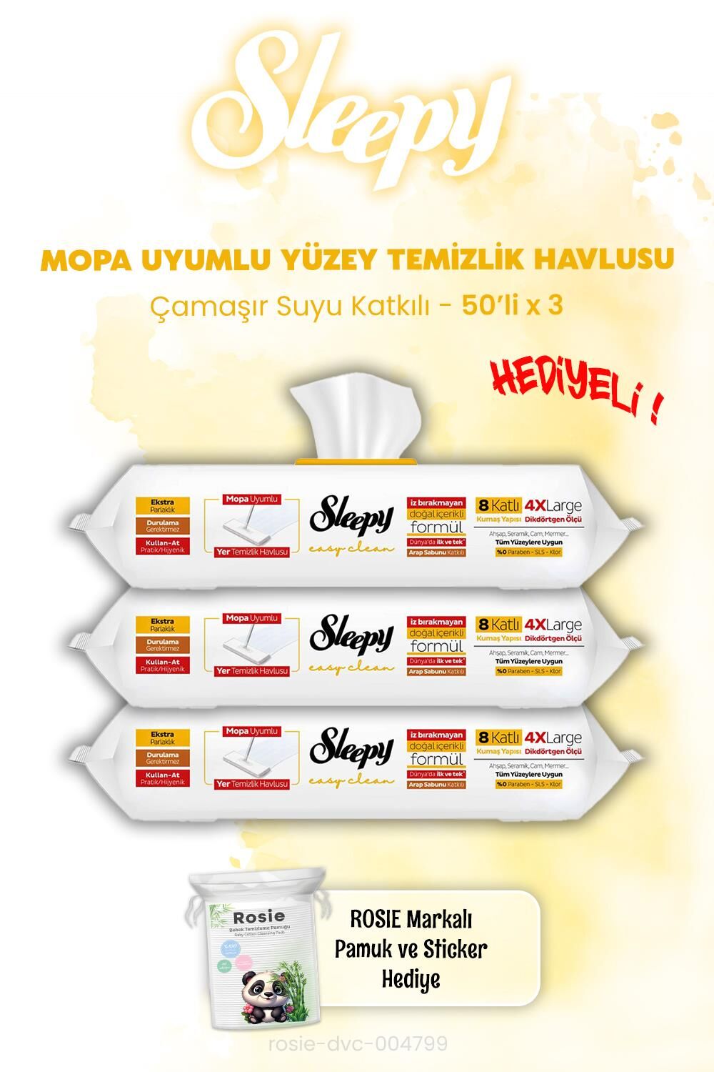 Sleepy Mopa Uyumlu Arap Sabunlu Islak Mendil 50'li x 3 ve ROSIE