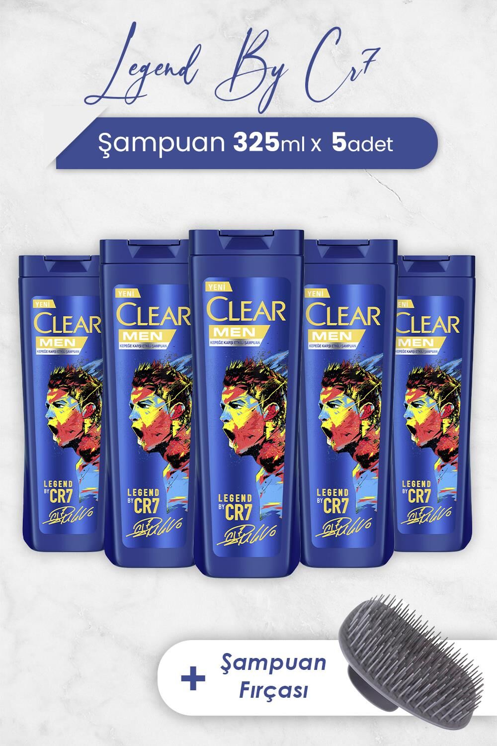Clear Men Şampuan Legend By Cr7 Cristiano Ronaldo 325 ml x 5 Adet ve Şampuan Fırçası
