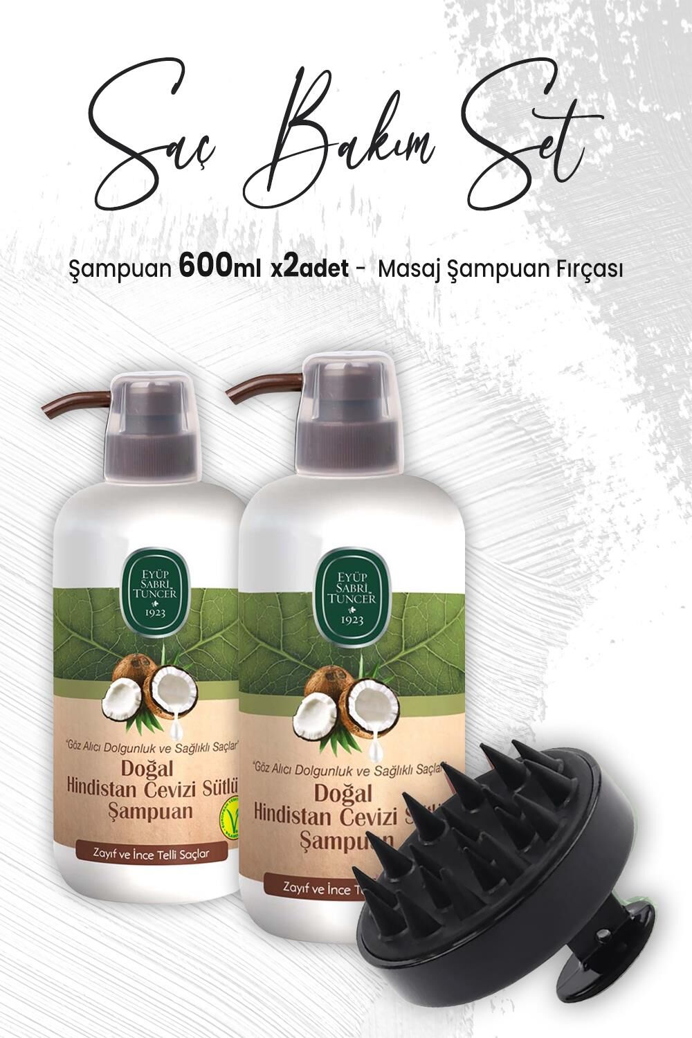 Eyüp Sabri Tuncer Doğal Hindistan Cevizi Şampuan 600 ml x 2 Adet ve Masaj Şampuan Fırçası Siyah