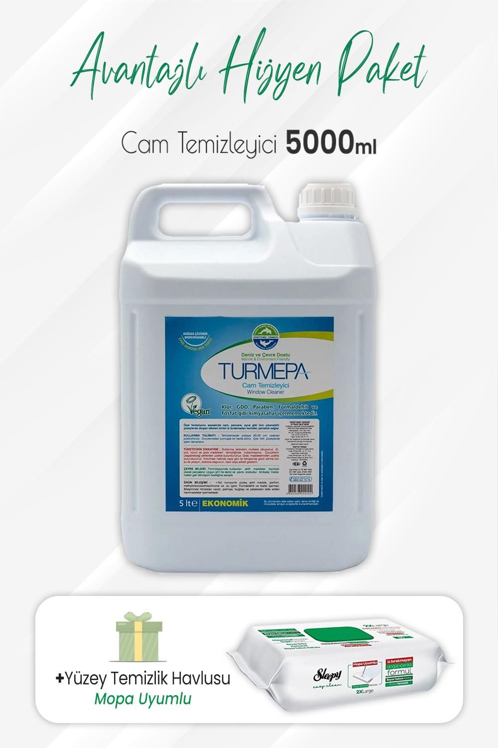 Turmepa Cam Temizleyici 5 lt ve Mopa Uyumlu Yüzey Temizlik 80'li