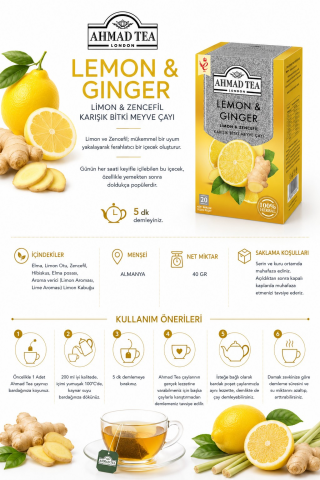Limon Ve Zencefil Karışık Bitki Çayı 20'li, 7 paket ve Rakun Kupa