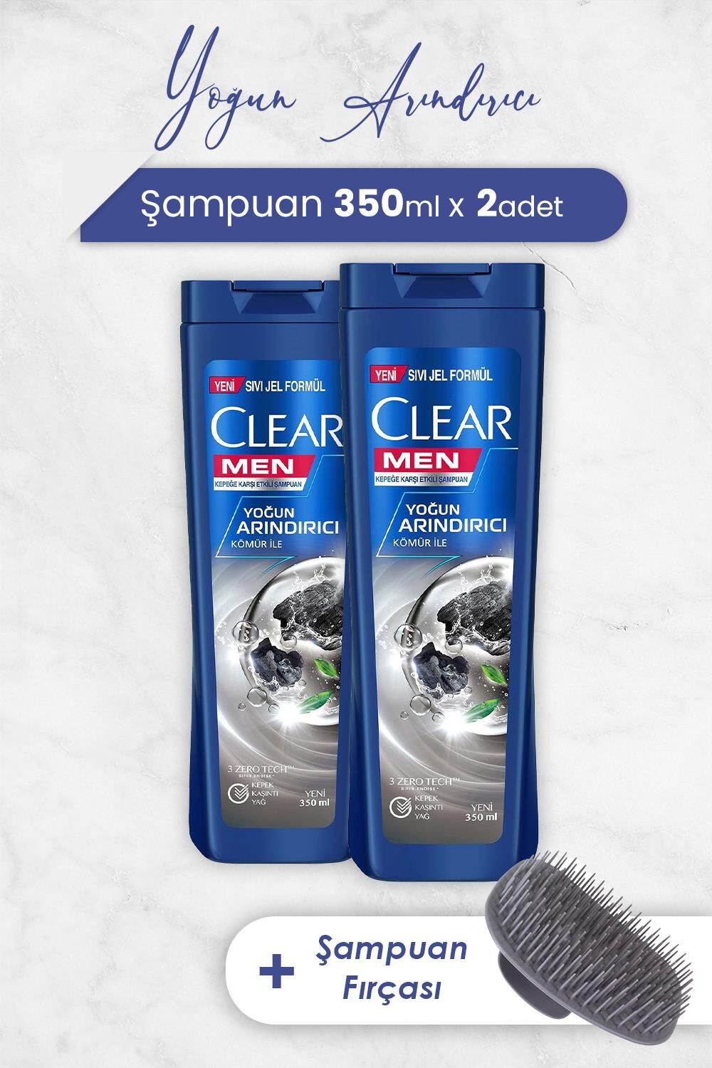 Clear Men Şampuan Yoğun Arındırıcı 350 ml x 2 Adet ve Şampuan Fırçası