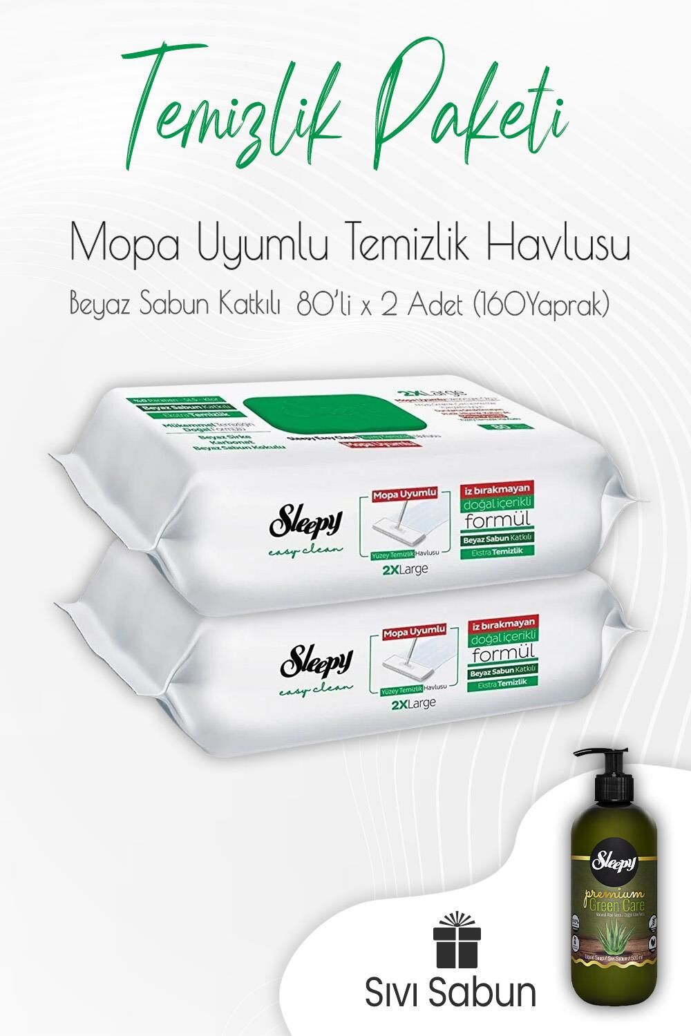 Sleepy Beyaz Sabun Mop Uyumlu Temizlik Havlusu 80' li x 2 Adet ve Sıvı Sabun