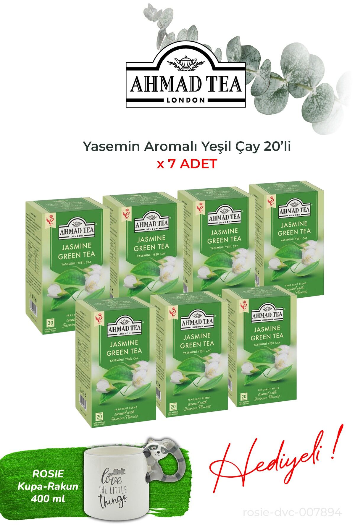Yasemin Aromalı Yeşil Çay 20’li, 7 paket ve Rakun Kupa