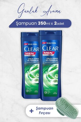Clear Men Şampuan Günlük Arınma ve Ferahlık 350 ml x 2 Adet ve Şampuan Fırçası