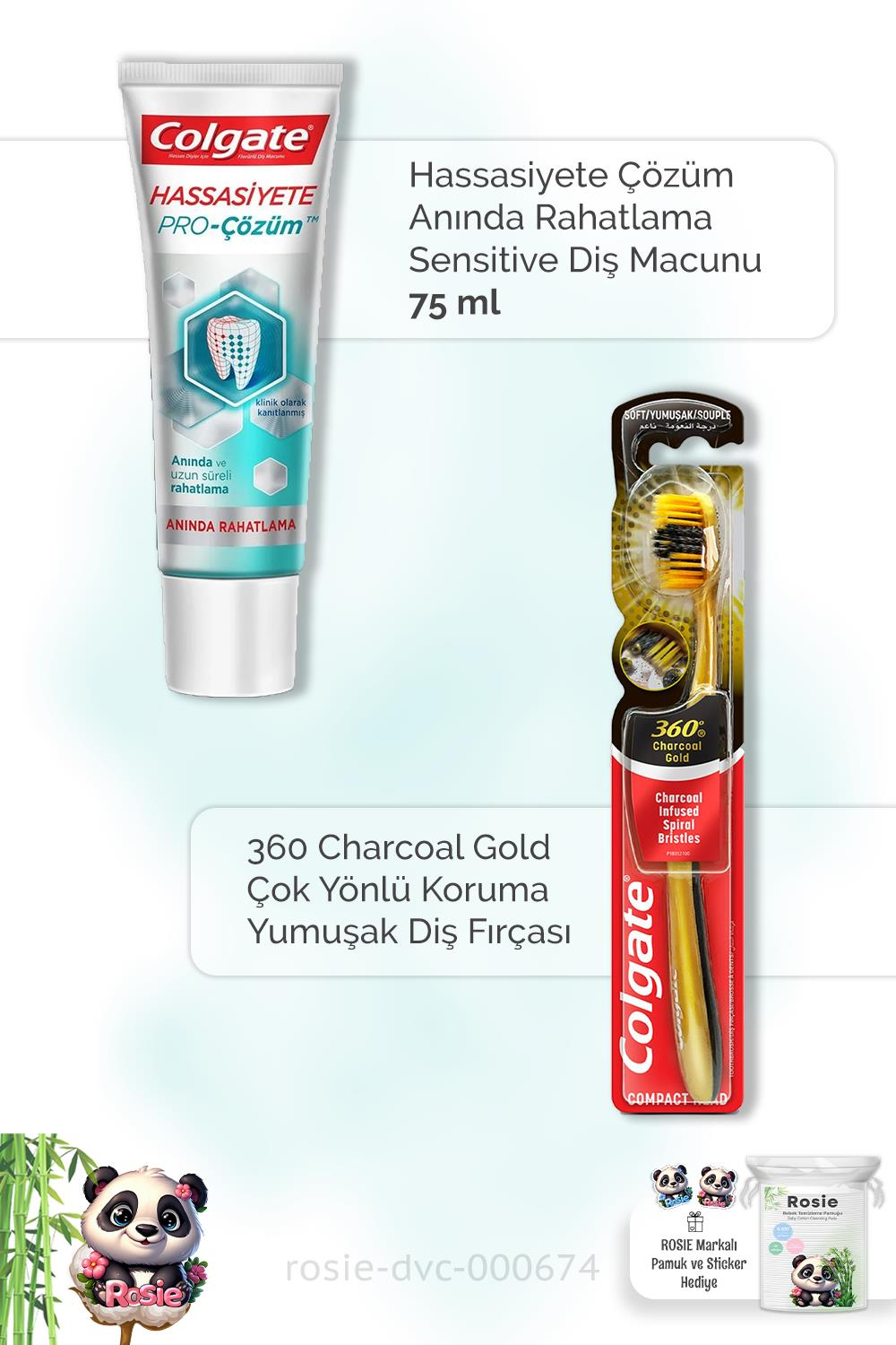 Colgate Hassasiyete Çözüm 75 ml Diş Macunu ,  360 Charcoal Gold Diş Fırçası ve ROSIE