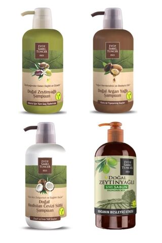 Eyüp Sabri Argan Yağlı, Zeytinyağlı, Hindistan Cevizi Şampuan 600 Ml ve Zeytinyağlı Sıvı Sabun 750ml