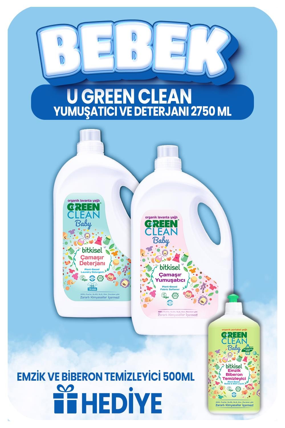 Bebek Çamaşır Deterjanı ve Yumuşatıcı 2750 ml, Emzik Temizleyici Hediye
