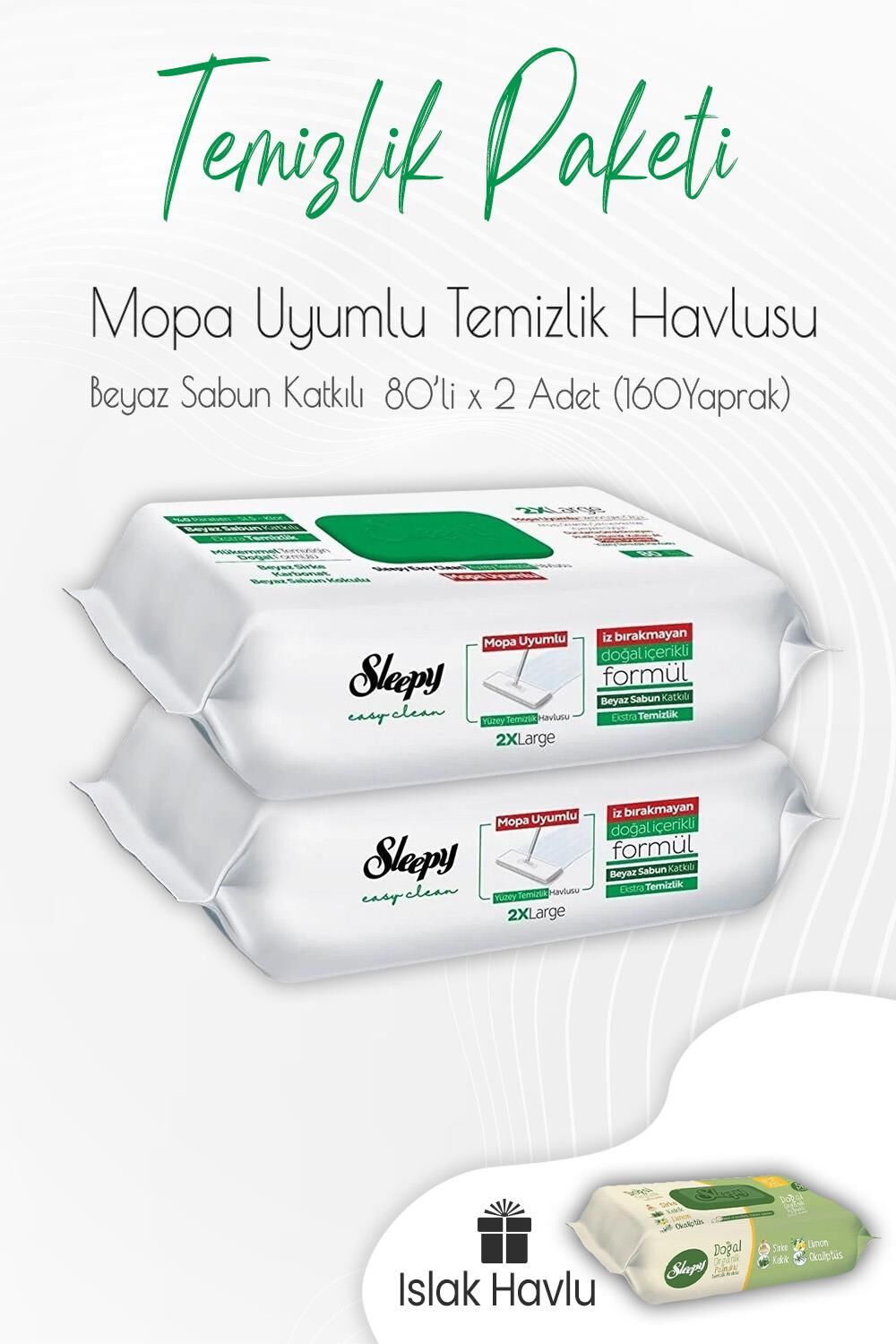 Sleepy Beyaz Sabun Mop Uyumlu Temizlik Havlusu 80' li x 2 Adet ve Islak Havlu