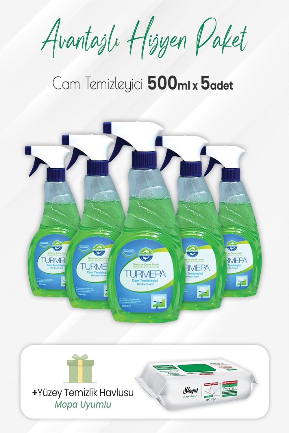 Turmepa Cam Temizleyici 500 ml x 5 Adet ve Mopa Uyumlu Yüzey Temizlik 80'li