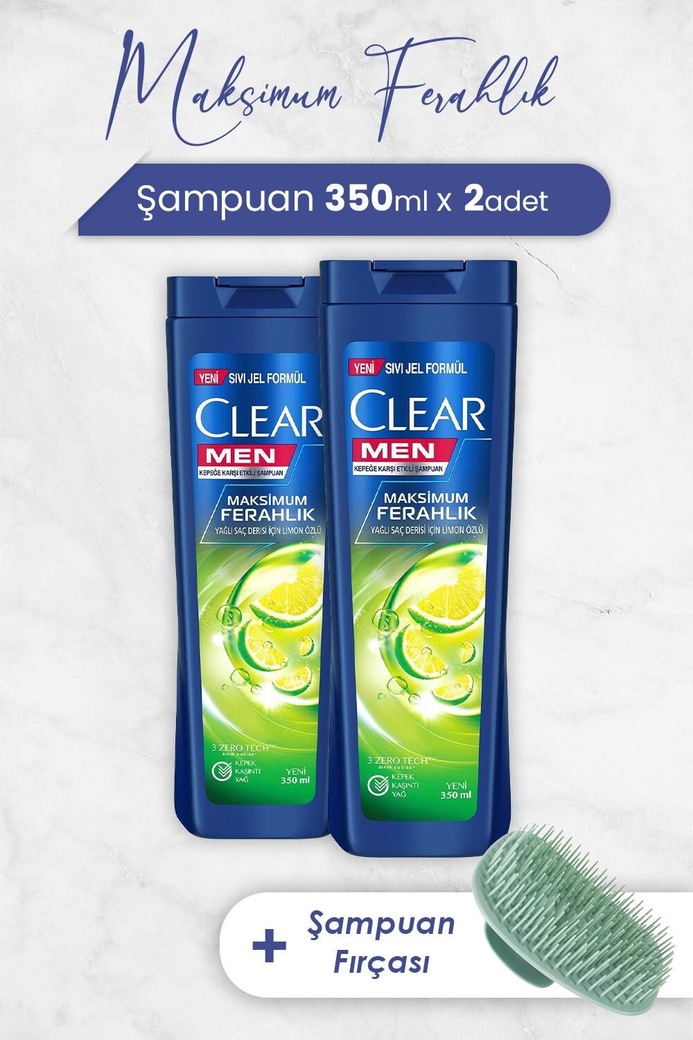 Clear Men Şampuan Maksimum Ferahlık 350 ml x 2 Adet ve Şampuan Fırçası
