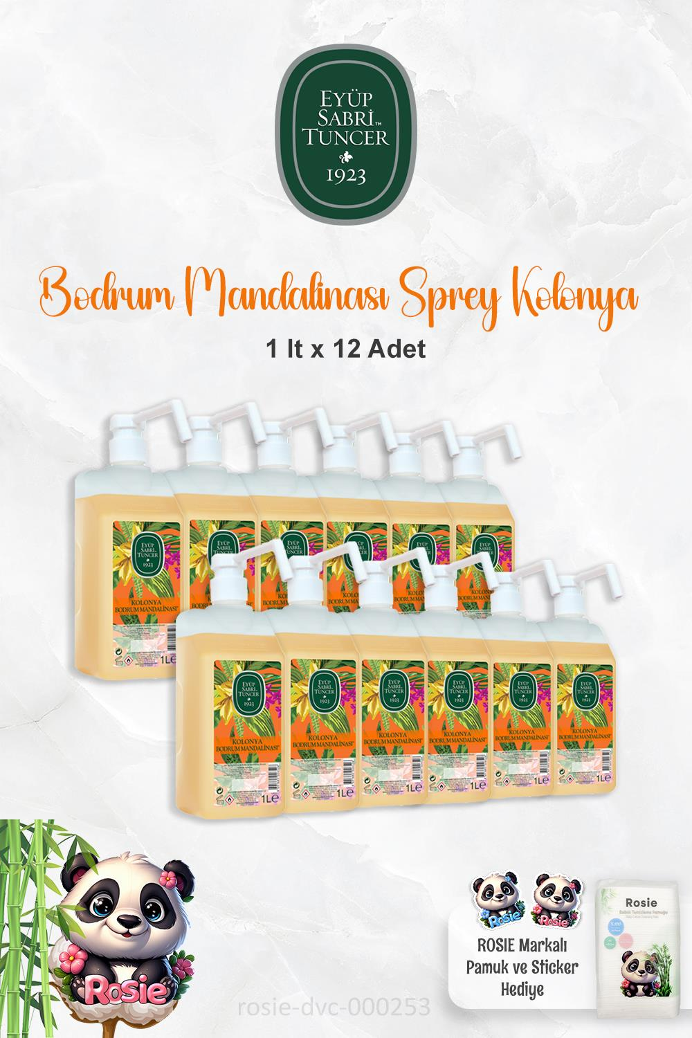 12 Adet Eyüp Sabri Tuncer Bodrum Mandalinası Sprey Başlıklı Kolonya 1 lt  ve ROSIE