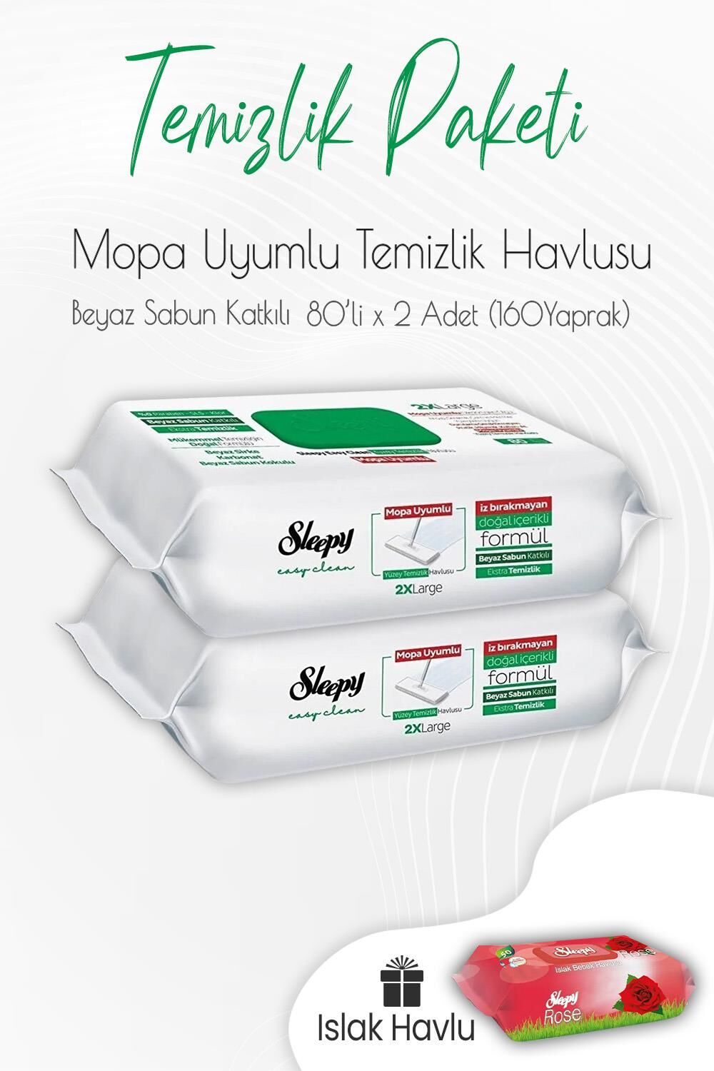 Sleepy Beyaz Sabun Mop Uyumlu Temizlik Havlusu 80' li x 2 Adet ve Islak Havlu