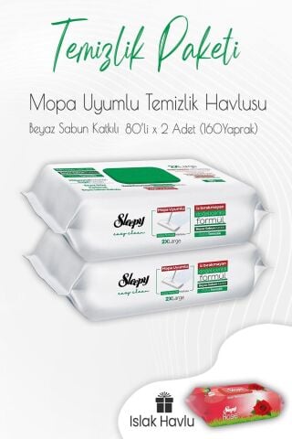 Sleepy Beyaz Sabun Mop Uyumlu Temizlik Havlusu 80' li x 2 Adet ve Islak Havlu