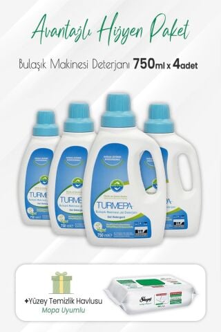 Turmepa Jel Bulaşık Makinesi Deterjanı 750 ml x 4 Adet ve Mopa Uyumlu Yüzey Temizlik 80'li