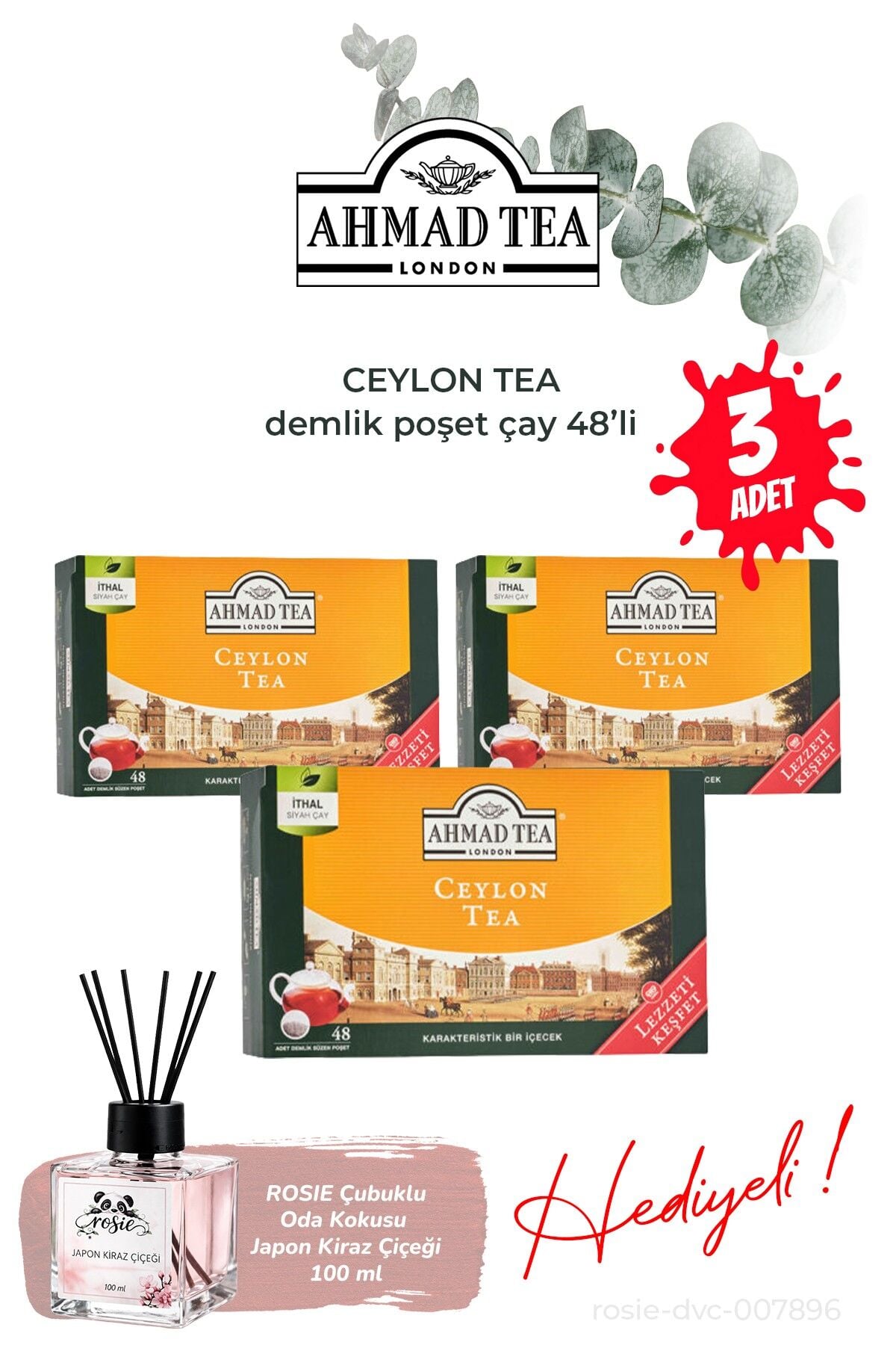 3 Paket Ceylon Tea Demlik Poşet Çay 48'li ve Oda Kokusu