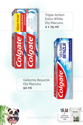 Colgate Action Extra White 2 x 75 ml, Gelişmiş Beyazlık 50 ml  Diş Macunu ve ROSIE