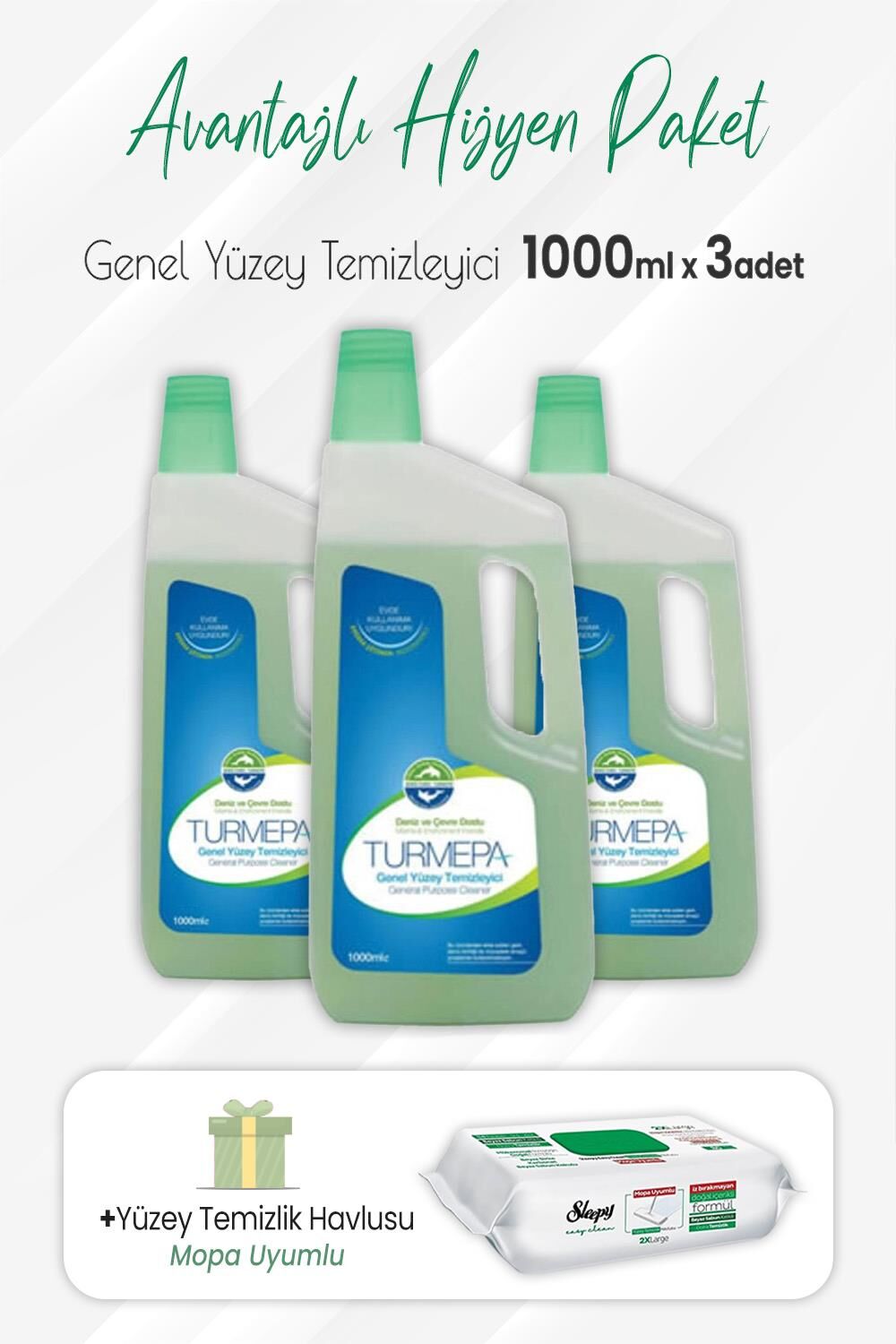 Turmepa Genel Yüzey Temizleyici 1 lt x 3 Adet ve Mopa Uyumlu Yüzey Temizlik 80'li