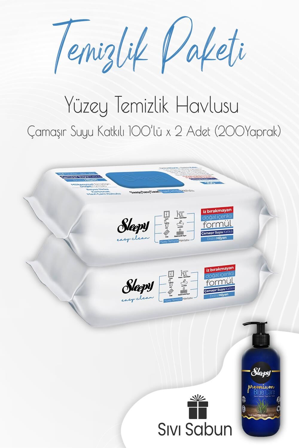 Sleepy Çamaşır Suyu Yüzey Temizlik Havlusu 100' lü x 2 Adet ve Sıvı Sabun