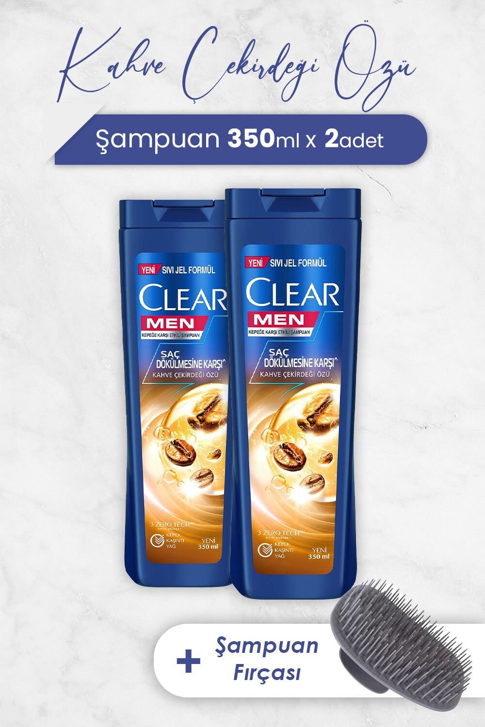Clear Men Şampuan Saç Dökülmesine Karşı 350 ml x 2 Adet ve Şampuan Fırçası